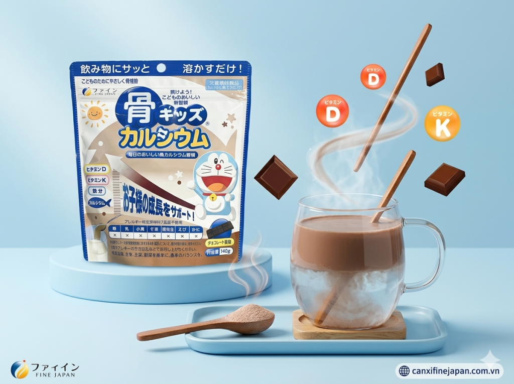 canxi cá tuyết fine japan pha cùng 150ml nước ấm hoặc sữa