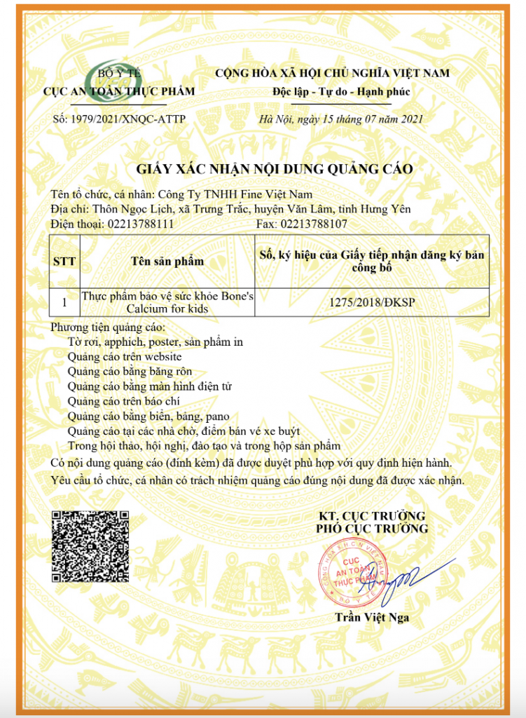 Canxi cá tuyết Nhật Bản Fine Japan giấy xác nhận nội dung quảng cáo