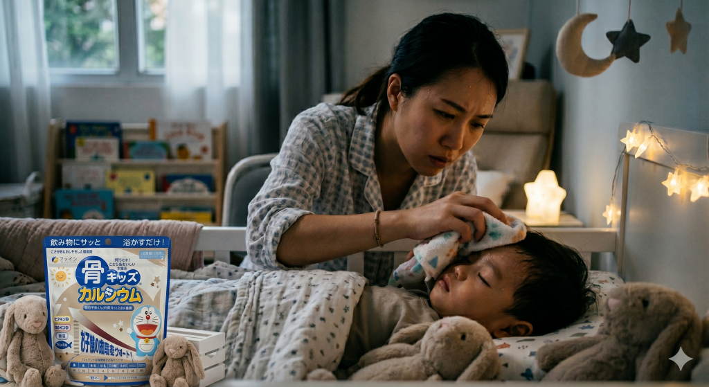 Mẹ chăm sóc trẻ bị đổ mồ hôi trộm ban đêm và sản phẩm Canxi cá tuyết Fine Japan hỗ trợ xương vững vàng cho bé.