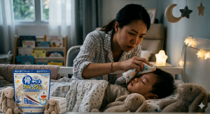 Mẹ chăm sóc trẻ bị đổ mồ hôi trộm ban đêm và sản phẩm Canxi cá tuyết Fine Japan hỗ trợ xương vững vàng cho bé.
